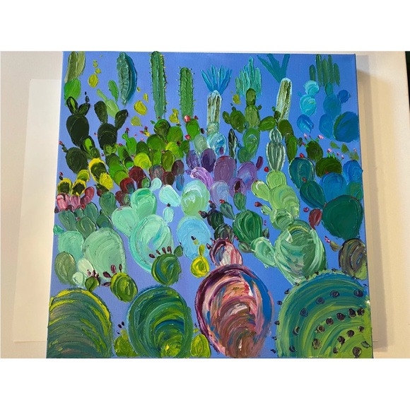 Purple Cactus Desert Garden painting 20x20” Original Oil On Canvas Palette Knife - Picture 2 of 7